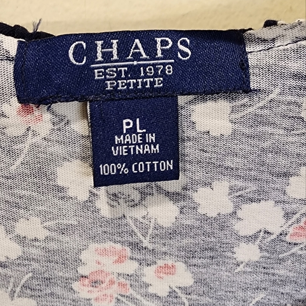 Chaps navy floral ruffled neck sleeveless 100% cotton size PL - Picture 3 of 9